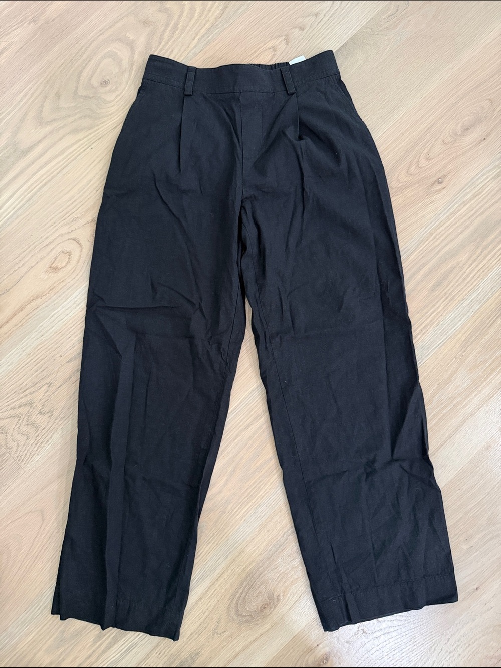VINCE Linen Blend Elastic Waist Pleated Wide Leg Trousers Black Size Small
